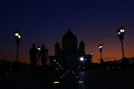 The main temple of the Russian Church (The temple of Christ the Savior) in the light of the night lanterns